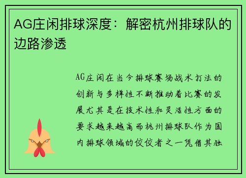 AG庄闲排球深度：解密杭州排球队的边路渗透